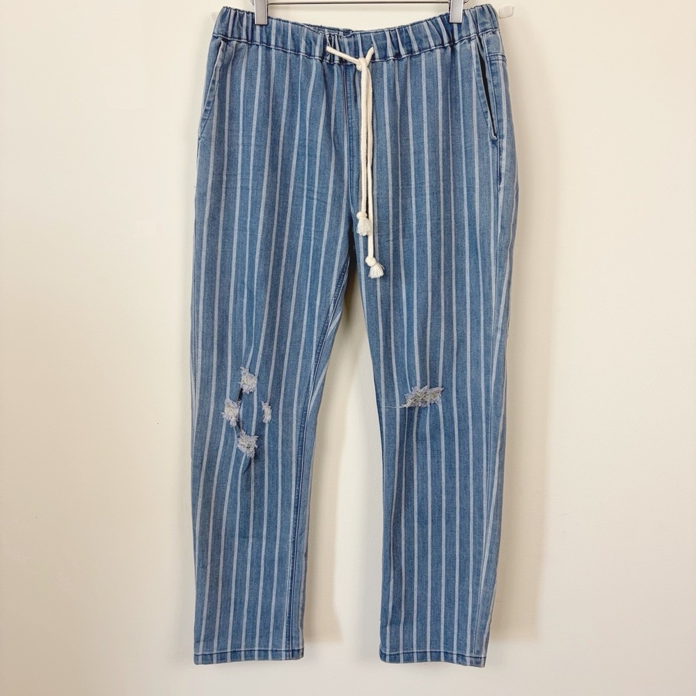 New Easel Drawstring Striped Chambray Denim Pants Pockets Straight Distressed M